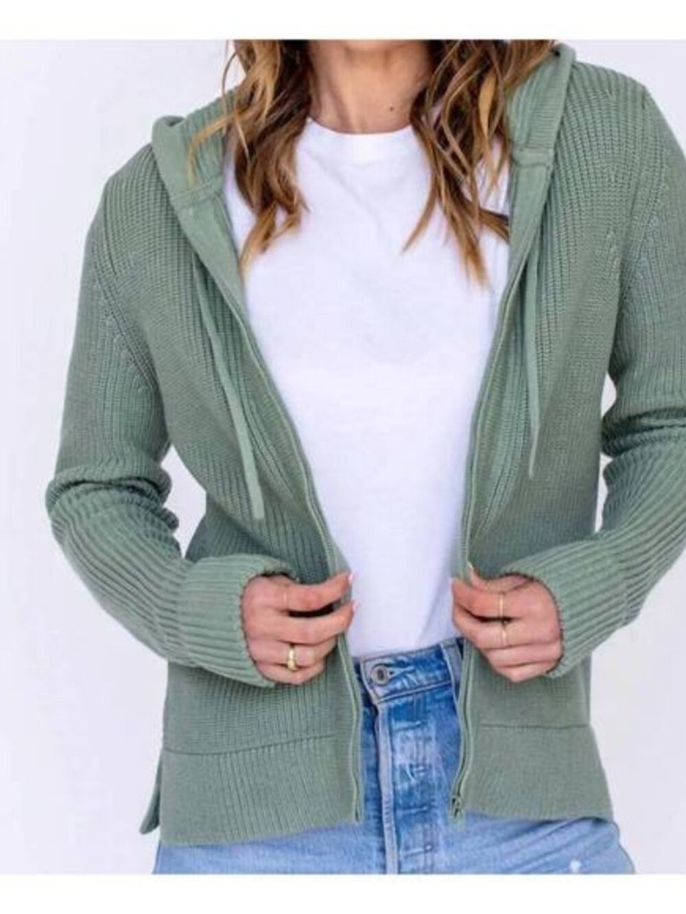 NWT Pura Cashmere Women's Fisherman Hoodie Sweater  Size M  Sage Green Full Zip